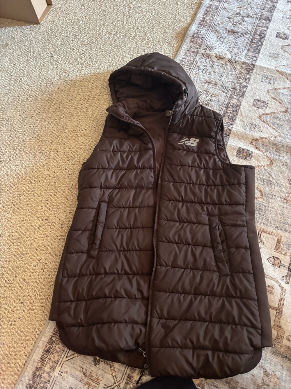 New Balance Hooded Quilted Puffer Vest in Brown